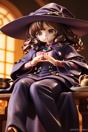 score_9, score_8_up, hi-res, 8k, anime style. An intricately detailed witch (1girl, long black curly hair, witch's hat and ornate witch's robes, dissatisfied look on her face, arched eyebrow, deep brown eyes, detailed cute face) looking down at a (small malformed but cute creature ) sitting at her feet looking back up at her adoringly. Background is a cozy cottage with a bubbling cauldron., score_9_up,score_7_up,3D,PVC Style