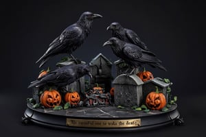  A super-realistic figure, multiple ravens sitting on cracked tombstones surrounded by jack-o'-lanterns. The scene takes place on a polished ebony base with a brass nameplate. The nameplate at the feet reads "Be careful not to wake the dead", made of Resin.,a 3D rendering of a figurine 