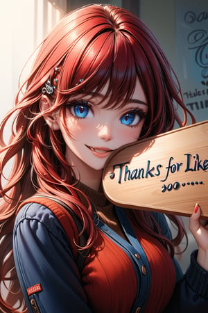 Very beautiful girl holding a board with text (("Thanks for 1K likes!")) text, illustration, detailed, realistic, UHD, beautiful detailed eyes, beautiful detailed, Warmly smile.,Text,Ink art, long_hair,red_hair