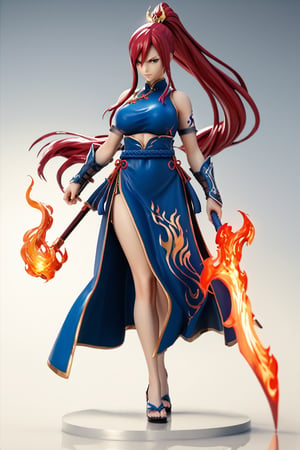 (Score_9, Score_8_Up, Score_7_Up), (Intricate Details: 1.2), 3d, Anime Style,1 girl, solo, full body, erza scarlet, DonMF1r3XL, facing_viewer, chinese_clothes, flaming_swords, dual_wield, long hair(ponytail), red hair,fire
