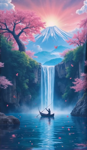 T_shirt,Design(style of Glass effect of a rocky mountainside with a japanese tree of life, Fuji mount in the back in day light, wide waterfall from the top, cherry blossoms, sakura trees, forest, crescent, japanese fantasy style, starry night, vaporwave art, fantasy style, fisherman fishing in a boat, colorful, bright colors art, aqua and aquamarine colors in style and anime pink aesthetics, birds, gradient colors, japanese landscape, brghit gradent, bright sun, cloudy sky, ship in the lake, reflection on water, vaporwave, vapor, spring season, lofi gradient color, vibrant colors, japanese day light anime, , 8k, leaves falling, in colorful colors, anime aesthetic, light blue, japan, pink aesthetic, aqua and aquamarine, vaporwave, japanese style, lofi, pastel,)