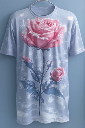 T_shirt,Design(A rose in the snow, with sparkling snowflakes),full length shirt