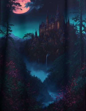 T_shirt,Design(Illustration, ukiyo-e, vivid, colorful, masterpiece of high-contrast shadow and light, a gothic castle sitting on edge of a forbidden mystical forest, moonlight, (fog and moonbeams:1.2), (pure black:1.3), and (darkness:1.3), mysticism, fantasy, gothic horror, glowing flora, magical phenomena, ultra realistic painting, intricate, High Detail, Sharp focus, realism, darkness., Katsuhiro Otomo style, superb detail, fantastic, mysterious, detailed background, It must not be commonplace, Must have a very complex structure, Must have a very high degree of randomness, Must be an image that no one has ever seen before, It has to be very original, Must have tremendous detail, It has to be of the highest artistic quality, It has to be the ultimate, Failure is not an option(,full length shirt