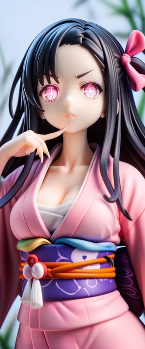 1girl, highly realistic, highly VFX, highly detailed, highly beautiful, highly glowing, highly beautiful, solo, long hair, breasts, looking at viewer, VFX black hair, ribbon, cleavage, medium breasts, hair ribbon, upper body, multicolored hair, VFX japanese clothes, VFX sleeveless, pink eyes, VFX kimono, lips, fingernails, sash, obi, slit pupils, index finger raised, finger to mouth, forehead, VFX pink ribbon, veins, sharp fingernails, VFX pink kimono, dark pink VFX, fill VFX, glowing VFX body, glowing VFX eyes, bamboo, shushing, VFX cracked skin, serious face, VFX glowing body, kamado nezuko, score_9_up, score_8_up,score_7_up,3D,PVC Style