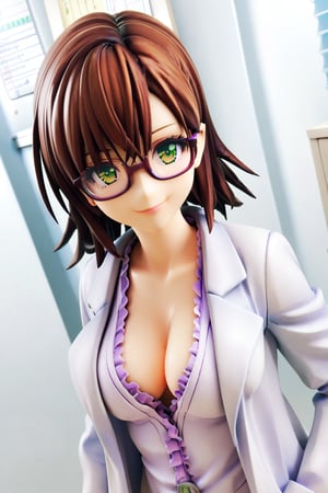 red-framed_glasses,long_hair,purple_eyes, score_9_up, score_8_up,score_7_up,3D, head_tilt, small_smile,full-body_portrait, mikadopony, brown hair, green eyes,lab_coat,large_breasts,short-hair,absolute_cleavage