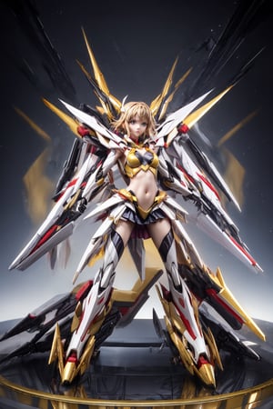 mechskirt(yellow armor),(kung_fu dojo background), full-body_portrait, More Detail,porcelain_art,add detail, Energy light particle mecha, score_9_up,score_8_up,score_7_up,3D,thflex,kung fu, hair ornament,short hair,hibiki tachibana, navel,Golden Warrior Mecha,bodysuit