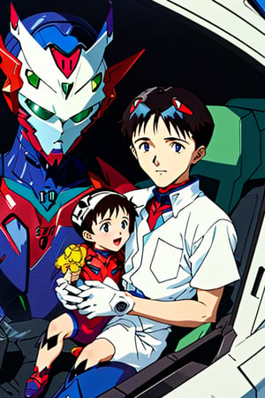 Shinji ikari piloting eva01(evangelion mecha) as a baby. Baby Shinji is seen in the cockpit in his plugsuit with a diaper over his waist. Zoomed out to see eva01(evangelion Mecha) resembles his mother(yui ikari)