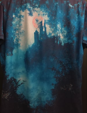 T_shirt,Design(Illustration, ukiyo-e, vivid, colorful, masterpiece of high-contrast shadow and light, a gothic castle sitting on edge of a forbidden mystical forest, moonlight, (fog and moonbeams:1.2), (pure black:1.3), and (darkness:1.3), mysticism, fantasy, gothic horror, glowing flora, magical phenomena, ultra realistic painting, intricate, High Detail, Sharp focus, realism, darkness., Katsuhiro Otomo style, superb detail, fantastic, mysterious, detailed background, It must not be commonplace, Must have a very complex structure, Must have a very high degree of randomness, Must be an image that no one has ever seen before, It has to be very original, Must have tremendous detail, It has to be of the highest artistic quality, It has to be the ultimate, Failure is not an option(,full length shirt