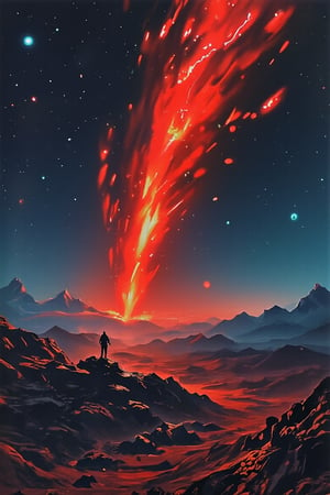 ,T_shirt,Design(A masterpiece of meticulous detail! Against the backdrop of a cinematic midway journey, a stunning comet sprints forward, shining with otherworldly light. The red vortex seemed to draw the comet into it. Against the backdrop of a deep starry sky, this lone comet embodies a mystical blend of power and mystery.),full length shirt