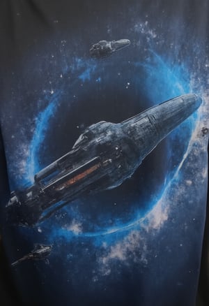 T_shirt,Design(ultrarealistic ufo starship fleet flying in realistic black hole vortex8k resolution,sharp focus, a big xeagonal ship)