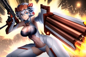 Close-up shot of YukineChris, her eyes locked intensely on the lens as she holds a futuristic-looking Gatling gun in each hand. The guns' rotating barrels spin rapidly, casting a metallic whirring sound against the darkened background. Her pose exudes confidence and authority, with one gun pointing directly at the camera while the other is cocked and ready to fire.