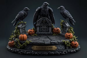  A super-realistic figure, multiple ravens sitting on cracked tombstones surrounded by jack-o'-lanterns. The scene takes place on a polished ebony base with a brass nameplate. The nameplate at the feet reads "Be careful not to wake the dead", made of Resin.,a 3D rendering of a figurine 