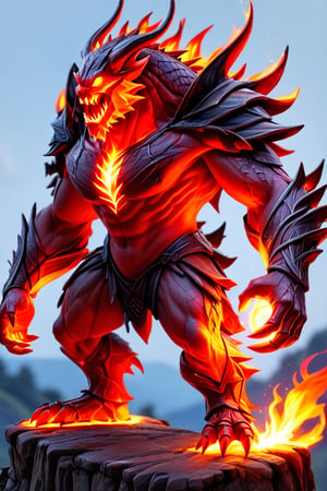 an evil man stands on a hill top. He uses the magic spell and turns into a powerful fire magic \(ek_ge1frt\) monster,ek_game_3ffect,red_scales,Large_claws,3D,PVC,Th3Dru1d5