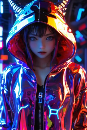 score_9_up, score_8_up,score_7_up,3D,upper_body,demon, facing_viewer,fully_clothed, score_9_up, score_7_up, PVC,anime,Anime Style.,vivid color,1girl,hooded_jacket,cybernetic