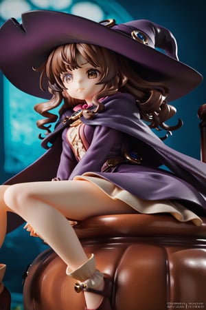 score_9, score_8_up, hi-res, 8k, anime style. An intricately detailed witch (1girl, long black curly hair, witch's hat and ornate witch's robes, dissatisfied look on her face, arched eyebrow, deep brown eyes, detailed cute face) looking down at a (small malformed but cute creature ) sitting at her feet looking back up at her adoringly. Background is a cozy cottage with a bubbling cauldron., score_9_up,score_7_up,3D,PVC Style