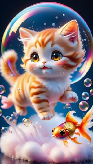 (A cute cat chasing a goldfish on a fluffy soap bubble, fluffy glitter, twirling star streams, effective lighting from a distance), RAW photo, Unreal Engine, Octane Rendering, Ultra High Quality, Ultra High Resolution, Surreal, Color Correct, Good Lighting Settings, Good Composition, Very Low Noise, Sharp Edges, Harmonious Composition, Ultra Precision, Masterpiece,acryli painting,3D,PVC,Ink art style