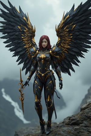 full_body, a young beautiful girl wear a VALKYRIE archangel armored suit, standing cofidently on top of mountain cliff, her (((large, intricately high-tech mecha feathered metal wings))) spread wide as if shielding the viewer from the turbulent weather. The archangel's armor glints with an oil-painted sheen, its intricate details and folds expertly rendered in shades of metallic black carbon fibre and gold steel. (((holding a huge black and gold intricate magic wand))). Her piercing gaze, dark red hair, seems to defy the raging storm, as if calling forth a mighty reckoning.hyperrealism, realistic portrait, photography, true color, subtle lighting, cinematography, Canon EOS R5, RF 85mm, ISO 300, vibrant color, more real realistic, volumetric clear intricate hyper details, volumetric clear texture, clear HD background, ultra HD realistic resolution, realistic shadow, epic fantasy character art, movie still, dramatic shadow, analogue diffusion style, CGSociety, Unreal Engine, Blender rendering, game cinematic, no smoke, mist, or fog, remove blur and noise, Angelic Knight,a 3D rendering of a figurine 