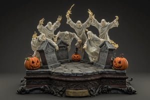  A super-realistic figure, multiple transparent spirits floating around multiple cracked tombstones surrounded by jack-o'-lanterns. The scene takes place on a polished ebony base with a brass nameplate. The nameplate at the feet reads "Did it get cold all of a sudden?", made of Resin.,a 3D rendering of a figurine 