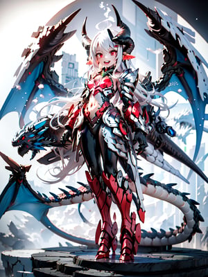 solo, red eyes, 1boy, male focus, wings, horns, teeth, armor, glowing, sharp teeth, black background, glowing eyes, claws, monster,masterpiece,best quality,mecha musume,dragon ear