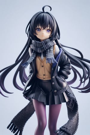 score_9,score_8_up,score_7_up,ClrSkt, 1girl, absurdly long hair, ahoge, black hair, black jacket, black scarf, black skirt, jacket, leaning forward, long hair, long scarf, looking at viewer, open clothes, open jacket, pantyhose, pleated skirt, purple eyes, purple pantyhose, scarf, school uniform, skirt, solo, very long hair, vest,3D,PVC Style