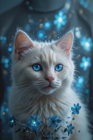 T_shirt,Design(White cat, blue glowing eyes, cute, masterpiece, blue flower)