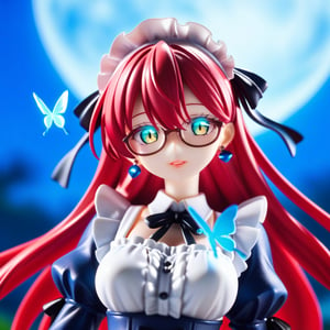 anime, anime style, niji6 style, by nijijourney, 1girl, bug, solo, butterfly, maid, blue butterfly, maid headdress, red hair, jewelry, earrings, glasses, looking at viewer, yellow eyes, slit pupils ,parted lips, long hair, flower, ribbon, apron, black ribbon, glowing, upper body, breasts, blurry, maid apron, red dress, dress, stud earrings, frills, sidelocks, hair between eyes, glowing eyes, blue theme, blue flower, hair ribbon, neck ribbon, bow, night, blurry background, portrait, red eyelashes, hair bow, outdoors, black bow, letterboxed, teeth, hydrangea, medium breasts, large breasts, depth of field, aqua eyes, puffy sleeves, collared dress, glowing butterfly, moon light, colored skin, lips, shaded, light particle, blue theme, night, masterpiece, best quality, highres, 4k, 8k, intricate detail, cinematic lighting, amazing quality, amazing shading, film grain, blurry foreground, vignetting chiaroscuro, chromatic aberration, backlighting, mature female, detailed illustration, anime style, wallpaper, animification, anime coloring, fake screenshot, screencap, anime screencap, score_9_up, score_8_up,score_7_up,3D,PVC Style