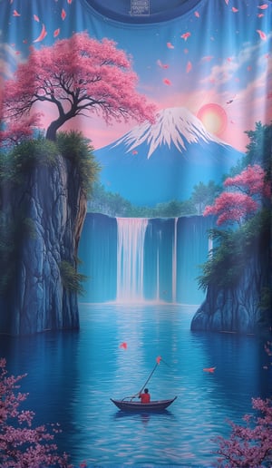 T_shirt,Design(style of Glass effect of a rocky mountainside with a japanese tree of life, Fuji mount in the back in day light, wide waterfall from the top, cherry blossoms, sakura trees, forest, crescent, japanese fantasy style, starry night, vaporwave art, fantasy style, fisherman fishing in a boat, colorful, bright colors art, aqua and aquamarine colors in style and anime pink aesthetics, birds, gradient colors, japanese landscape, brghit gradent, bright sun, cloudy sky, ship in the lake, reflection on water, vaporwave, vapor, spring season, lofi gradient color, vibrant colors, japanese day light anime, , 8k, leaves falling, in colorful colors, anime aesthetic, light blue, japan, pink aesthetic, aqua and aquamarine, vaporwave, japanese style, lofi, pastel,)