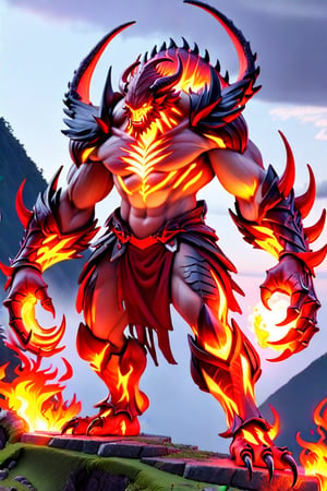 an evil man stands on a hill top. He uses the magic spell and turns into a powerful fire magic \(ek_ge1frt\) monster,ek_game_3ffect,red_scales,Large_claws,3D,PVC