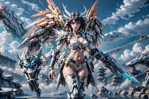 A mecha musume stands proudly in a futuristic cityscape, her black hair flowing behind her like a river of night. She wears a bikini-armor set adorned with intricate dragon designs, complemented by an armoured mask that covers her Chinese-inspired face. The 5 Green Crystal Mecha Dragons looms large beside her, their scales glistening under the neon lights that illuminate the darkened metropolis.