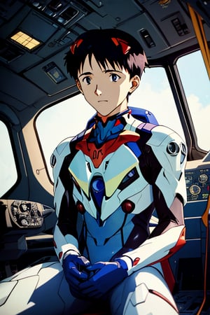 A tender moment unfolds as baby Shinji Ikari, clad in his iconic plugsuit and adorned with a tiny diaper, sits securely within the cockpit of Evangelion Unit-01. The camera zooms out to reveal the majestic mecha, its design eerily reminiscent of Yui Ikari's gentle features, as if paying homage to his mother's loving presence.