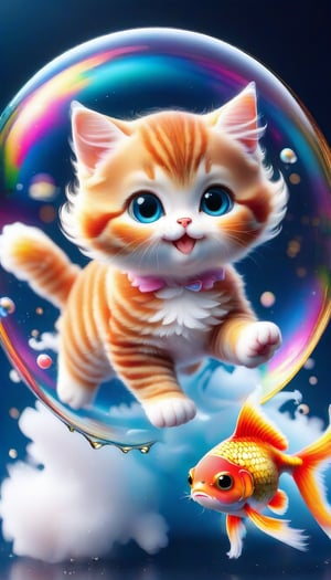 (A cute cat chasing a goldfish on a fluffy soap bubble, fluffy glitter, twirling star streams, effective lighting from a distance), RAW photo, Unreal Engine, Octane Rendering, Ultra High Quality, Ultra High Resolution, Surreal, Color Correct, Good Lighting Settings, Good Composition, Very Low Noise, Sharp Edges, Harmonious Composition, Ultra Precision, Masterpiece,acryli painting,3D,PVC,Ink art style