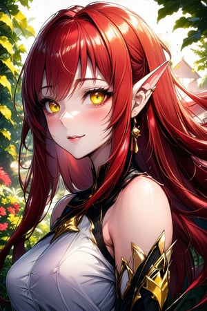 Beautiful girl, long hairstyle, red hair, yellow eyes, masterpiece quality, light particles, garden background, looking at viewer, upper body, Anime Style., highly detailed, sharpness, monstergirl