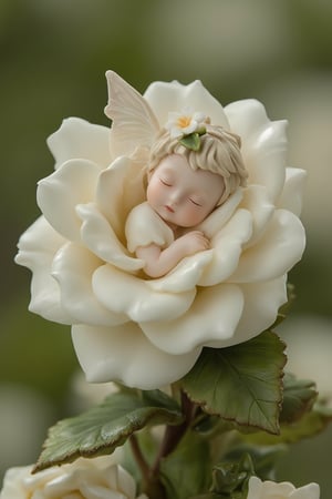 An ultra high quality award-winning Masterpiece. The little fairy sleeps on a big white rose. Her wings tremble slightly from the gentle breeze that whispers sweet tales to her. A small flower is nestled in her hair, as if wanting to adorn her even more. Silence reigns around, only the birds singing and the rustling of leaves disturb this idyll. The fairy looks so calm and innocent, as if nature itself protects her from any harm. Her face expresses such peace, as if she sees the most beautiful dreams. At this moment, the world seems so soft and kind, as if every element of nature is woven from magic. The sleeping fairy on the white rose reminds us that there is a place for wonders and magic in this world, even in the most delicate moments.,resin,a 3D rendering of a figurine 