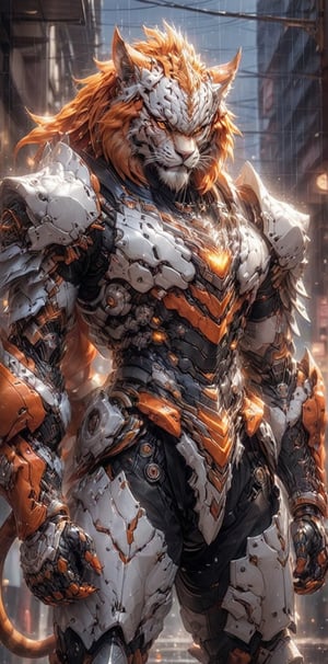 solo, long hair, looking at viewer, 1lion, animal ears, male focus, orange hair, armor, blurry, muscular, feet out of frame, scar, pectorals, muscular male, shoulder white armor, bara, pelvic curtain, furry, clenched hands, large pectorals, rain, furry male, tiger ears, lion boy, orange fur, mechanical arms, (mechanical_claws),TR mecha style