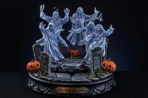  A super-realistic figure, multiple transparent spirits floating around multiple cracked tombstones surrounded by jack-o'-lanterns. The scene takes place on a polished ebony base with a brass nameplate. The nameplate at the feet reads "Did it get cold all of a sudden?", made of Resin.,a 3D rendering of a figurine 