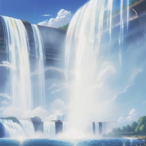 Majestic waterfall glistening under the sun, water vapor rising, capturing the natural beauty and power of the cascading water, with a serene and picturesque backdrop.