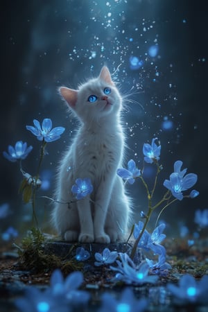 T_shirt,Design(White cat, blue glowing eyes, cute, masterpiece, blue flower)