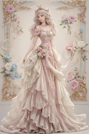 A most beautiful lady in rococo art style, with soft, flowing lines, delicate details, and pastel colors. She has an elegant, flowing gown adorned with intricate lace and floral patterns, a powdered wig with curls and ribbons, and a serene, graceful expression. The background features ornate, gilded frames, soft lighting, and a sense of opulence and refinement.,resin,a 3D rendering of a figurine 