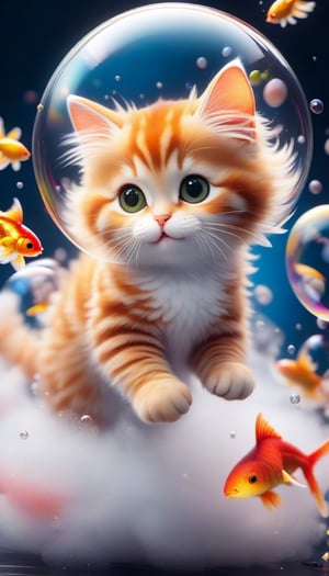 (A cute cat chasing a goldfish on a fluffy soap bubble, fluffy glitter, twirling star streams, effective lighting from a distance), RAW photo, Unreal Engine, Octane Rendering, Ultra High Quality, Ultra High Resolution, Surreal, Color Correct, Good Lighting Settings, Good Composition, Very Low Noise, Sharp Edges, Harmonious Composition, Ultra Precision, Masterpiece,acryli painting,3D,PVC,Ink art style