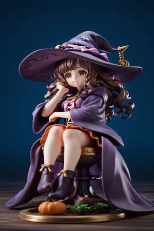 score_9, score_8_up, hi-res, 8k, anime style. An intricately detailed witch (1girl, long black curly hair, witch's hat and ornate witch's robes, dissatisfied look on her face, arched eyebrow, deep brown eyes, detailed cute face) looking down at a (small malformed but cute creature ) sitting at her feet looking back up at her adoringly. Background is a cozy cottage with a bubbling cauldron., score_9_up,score_7_up,3D,PVC Style