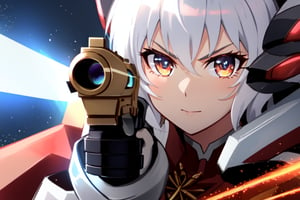 Close-up shot of YukineChris, her eyes locked intensely on the lens as she holds a futuristic-looking Gatling gun in each hand. The guns' rotating barrels spin rapidly, casting a metallic whirring sound against the darkened background. Her pose exudes confidence and authority, with one gun pointing directly at the camera while the other is cocked and ready to fire.