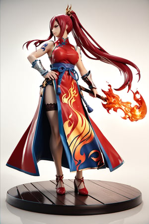 (Score_9, Score_8_Up, Score_7_Up), (Intricate Details: 1.2), 3d, Anime Style,1 girl, solo, full body, erza scarlet, DonMF1r3XL, facing_viewer, chinese_clothes, flaming_swords, dual_wield, long hair(ponytail), red hair,fire