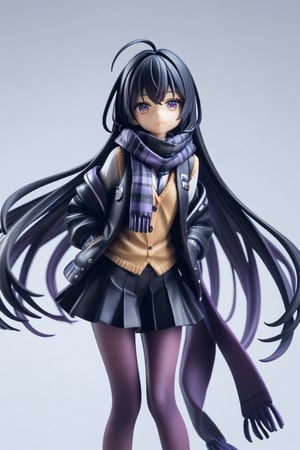 score_9,score_8_up,score_7_up,ClrSkt, 1girl, absurdly long hair, ahoge, black hair, black jacket, black scarf, black skirt, jacket, leaning forward, long hair, long scarf, looking at viewer, open clothes, open jacket, pantyhose, pleated skirt, purple eyes, purple pantyhose, scarf, school uniform, skirt, solo, very long hair, vest,3D,PVC Style