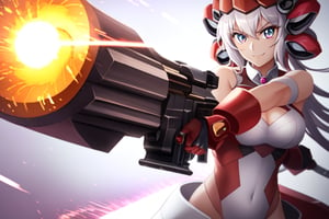 Close-up shot of YukineChris, her eyes locked intensely on the lens as she holds a futuristic-looking Gatling gun in each hand. The guns' rotating barrels spin rapidly, casting a metallic whirring sound against the darkened background. Her pose exudes confidence and authority, with one gun pointing directly at the camera while the other is cocked and ready to fire.