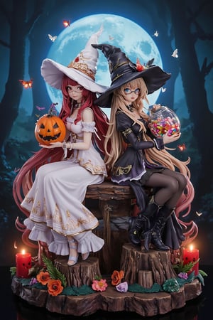 ink outline, fine detail rendered, colorful, horror style, Two witches, adorable, cute, kawaii, A witch in white and a witch in black are e sitting on stumps back to back, looking at us. The witch in white has very long red hair, red eyes, wearing a long white dress and a white witch's hat, sandals. The witch in black has very long blond hair, wears glasses, blue eyes, a black mini-length dress, black pantyhose and black boots. The white witch holds a haunted pumpkin with both hands, while the black witch holds a large jar full of candy. They are surrounded by colorful candles and flowers. They look very close and happy. stunning embroidered dress and witch's hat, stunningly crafted jewelry, full body, bluish-white full moon, deep forest, butterflies, fantastic, mysterious, most fashionable, most stylish, dark background, detailed background, every detail is rendered in superb detail, perfect composition, masterpiece, best quality, 8k, ultra-detailed, very clear, perfect anatomy, anatomically correct hands, beautiful face, beautiful eyes, detailed eyes, beautiful hair, detailed hair,An anime pvc figure of <...>,Resin,a 3D rendering of a figurine 