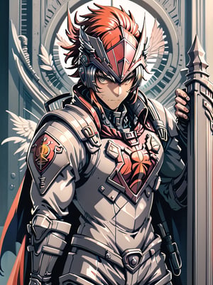 A dramatic close-up shot of a solo, anime-style male figure in full armor, donning a majestic red cape with a flowing plume. He holds a sturdy polearm in one hand and a shield emblazoned with his emblem in the other. His helmet is adorned with a gleaming crest, and his gaze is fixed intently on the viewer. The 3D PVC figure's dynamic pose exudes confidence and strength.masterpiece,best quality, score_9_up, score_8_up, score_7_up,tshee00d,vector style