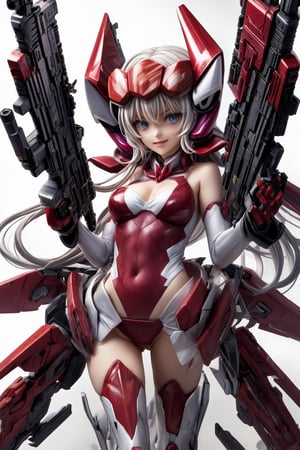 YukineChris,mechskirt, holding 2guns(gattling guns), multiple explosions in the background, close_up on face, More Detail,mecha musume