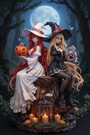 ink outline, fine detail rendered, colorful, horror style, Two witches, adorable, cute, kawaii, A witch in white and a witch in black are e sitting on stumps back to back, looking at us. The witch in white has very long red hair, red eyes, wearing a long white dress and a white witch's hat, sandals. The witch in black has very long blond hair, wears glasses, blue eyes, a black mini-length dress, black pantyhose and black boots. The white witch holds a haunted pumpkin with both hands, while the black witch holds a large jar full of candy. They are surrounded by colorful candles and flowers. They look very close and happy. stunning embroidered dress and witch's hat, stunningly crafted jewelry, full body, bluish-white full moon, deep forest, butterflies, fantastic, mysterious, most fashionable, most stylish, dark background, detailed background, every detail is rendered in superb detail, perfect composition, masterpiece, best quality, 8k, ultra-detailed, very clear, perfect anatomy, anatomically correct hands, beautiful face, beautiful eyes, detailed eyes, beautiful hair, detailed hair,An anime pvc figure of <...>,Resin,a 3D rendering of a figurine 