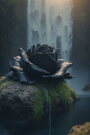 T_shirt,Design(Ultra hyper-detailed and hyper-realistic of a black rose from the side that was placed on the wet mossy stone with water droplets clearly visible on the petals,the atmosphere in the cold waterfall area was also quiet,the effectof the splash of the waterfall and the rays of the sun towards the black rose flower was clearly visible.),full length shirt