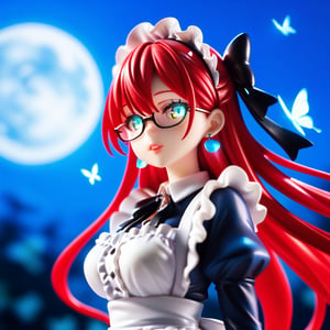 anime, anime style, niji6 style, by nijijourney, 1girl, bug, solo, butterfly, maid, blue butterfly, maid headdress, red hair, jewelry, earrings, glasses, looking at viewer, yellow eyes, slit pupils ,parted lips, long hair, flower, ribbon, apron, black ribbon, glowing, upper body, breasts, blurry, maid apron, red dress, dress, stud earrings, frills, sidelocks, hair between eyes, glowing eyes, blue theme, blue flower, hair ribbon, neck ribbon, bow, night, blurry background, portrait, red eyelashes, hair bow, outdoors, black bow, letterboxed, teeth, hydrangea, medium breasts, large breasts, depth of field, aqua eyes, puffy sleeves, collared dress, glowing butterfly, moon light, colored skin, lips, shaded, light particle, blue theme, night, masterpiece, best quality, highres, 4k, 8k, intricate detail, cinematic lighting, amazing quality, amazing shading, film grain, blurry foreground, vignetting chiaroscuro, chromatic aberration, backlighting, mature female, detailed illustration, anime style, wallpaper, animification, anime coloring, fake screenshot, screencap, anime screencap, score_9_up, score_8_up,score_7_up,3D,PVC Style